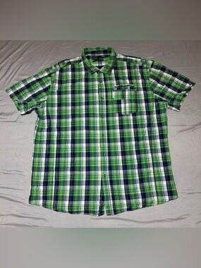 Ecko Unltd Shirt Men’s Size 3XL Green Blue Plaid Short Sleeve Button Down
